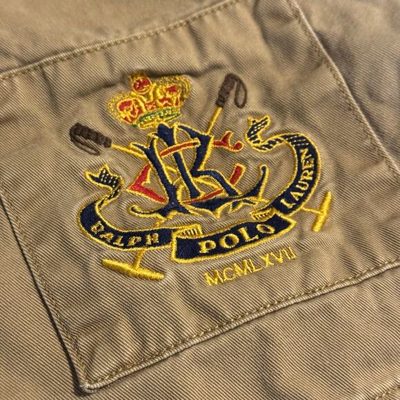 Polo Ralph Lauren Boys Size 10 Khaki Shorts Polo Crest Green Number 5 Preppy - Picture 9 of 11